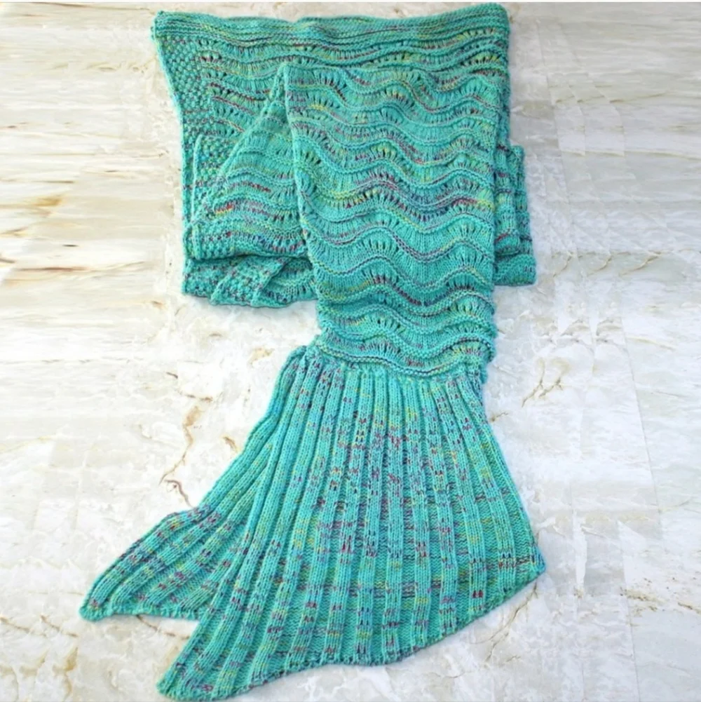 Handmade Knit Mermaid Tail Blanket Afghan Throw Aqua Variegated Cozy Mermaidcore